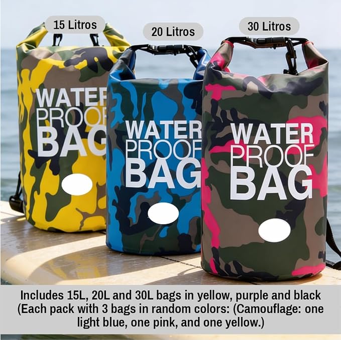 Waterproof Dry Bag Set of 3 (15L 20L 30L) - PVC Roll Top Dry Bags Waterproof - Backpack for Kayaking, Camping, Beach & Travel (Camouflage: light blue, pink, and yellow)
