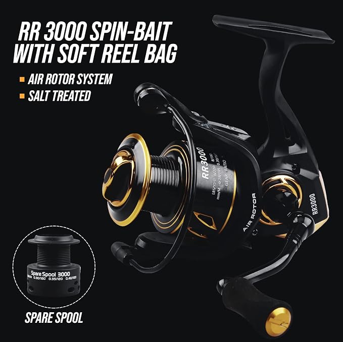 Rigged and Ready RR spin fixed-spool fishing reels 4 size options 1000, 3000, 5000, 6000. Freshwater saltwater smooth strong durable. Spare spool + bag. Spinning, Carp, Bass, Coarse, Sea & LRF angling