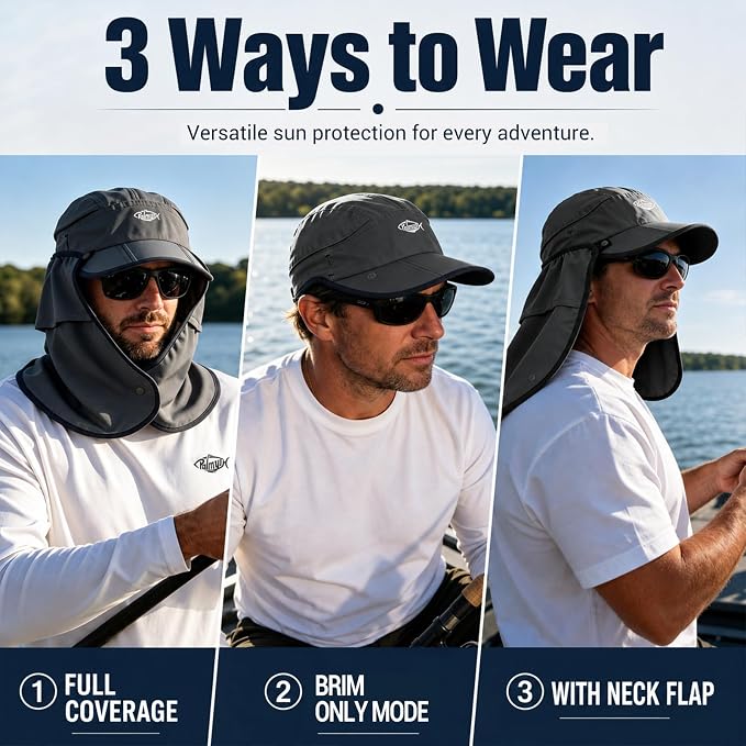 Palmyth Fishing Sun Hat with Detachable Neck Flap UPF 50+ Lightweight Hiking Hats Sunglass Lock Baseball Cap for Men Women