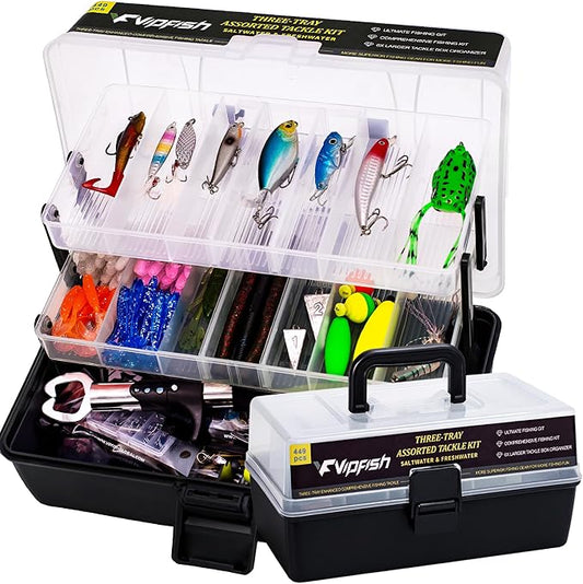 448-Pcs Fishing Lures Kit – Complete Large 3-Layer Tackle Box Set with Hooks, Weights, Bobbers, Pliers, Rigs, Leaders & Accessories for Men, Kids, Beginners, Gear gift choice for Fathers Day