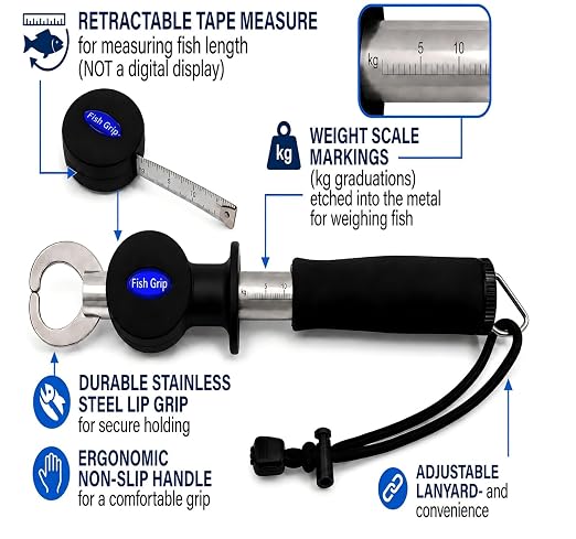Multifunctional Fishing Scale Fish Lip Gripper with Ruler, 33 lb Portable Fish Grabber Tool with Non-Slip Handle and Wrist Strap for Freshwater Saltwater Fishing