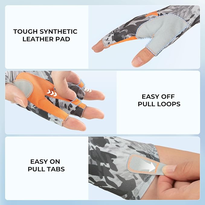 KastKing Agies Fishing Gloves Men, UPF 50+ Sun Gloves UV Protection, Cooling Quick-Dry 3/4 Fingerless Gloves with Extended Cuff, Microfiber Palm & Pull Tabs, for Fishing, Kayaking, Hiking, Hunting