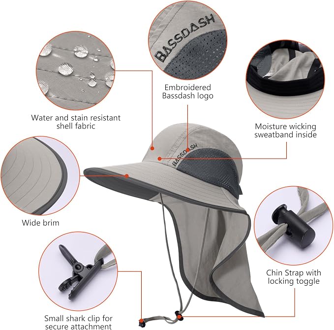 BASSDASH UPF 50+ Unisex Water Resistant Wide Brim Sun Hat with Large Neck Flap Ponytail Fishing Hat for Men Women