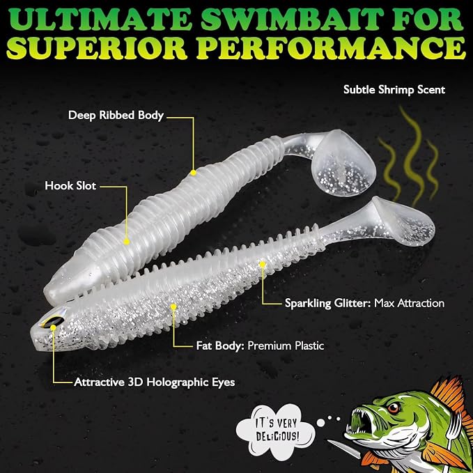 LUCKYFISHING Paddle Tail Swimbaits 10/16/20 PCS Fishing Lures Soft Plastic Lures for Trout Crappie Walleye Soft Baits for Bass Fishing Freshwater Saltwater 4.1/3.5/3/2.5 Inch