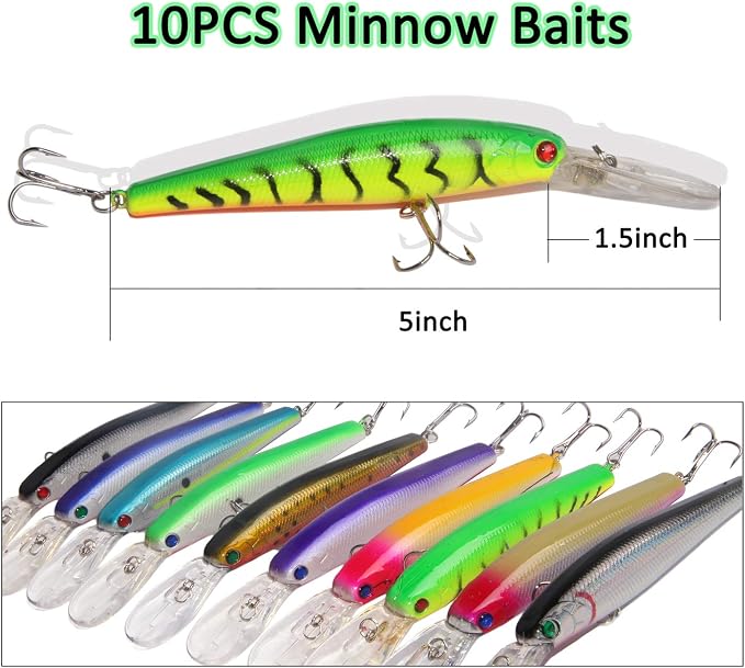 Fishing Lures Kit 10pcs Hard Bait Minnow Deep Diving Swimbait Life-Like Walleye Lures for Bass Trout Pike Freshwater Saltwater Fishing Bait