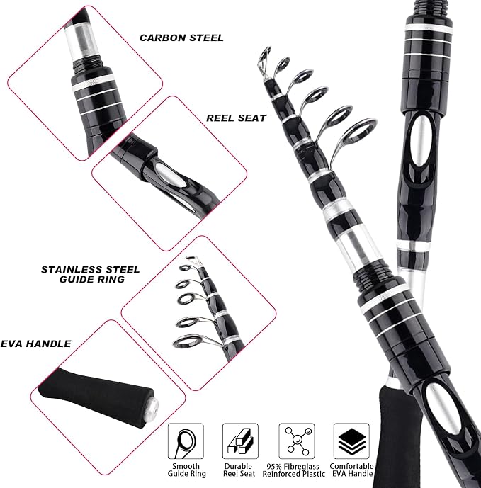 2PCS Telescopic Fishing Rods and Reels Combo Set 6.89ft Portable Fishing Pole Spinning Reel Lures Accessories with Storage Bag Saltwater Freshwater Fishing Pole Combo Fishermen Gift