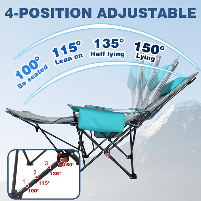 2-Pack Reclining Camping Chair 4 Position with Foot Rest Comfortable for Adults 265Ibs Folding Lounger Mesh Beach Chair with Cooler Bag,Cotton Cushion and Cup Holder for Outdoor Patio