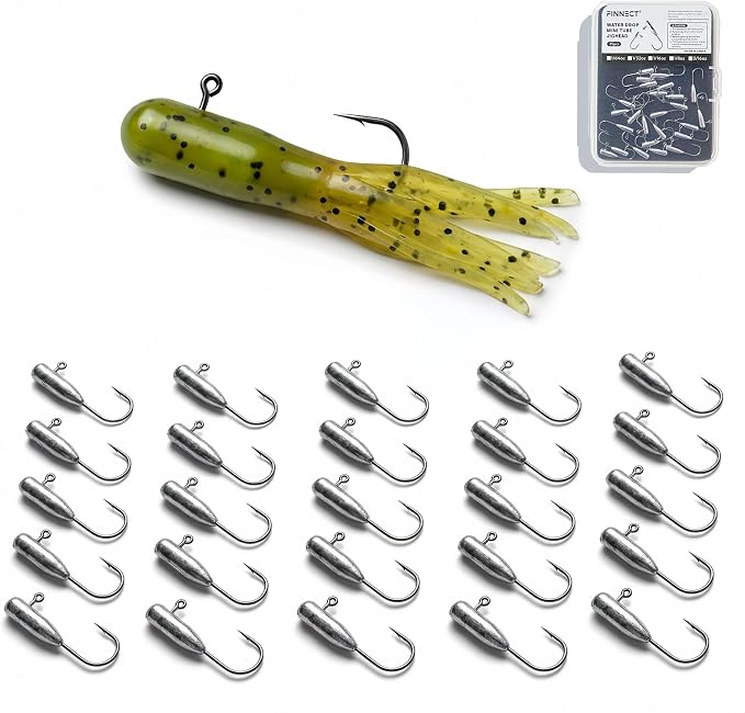 25pcs/Box Mini Tube Jig Heads (1/64oz–3/16oz, #1–#6 Hook Sizes) – 90° Water Drop Design for Crappie, Panfish & Bass Fishing