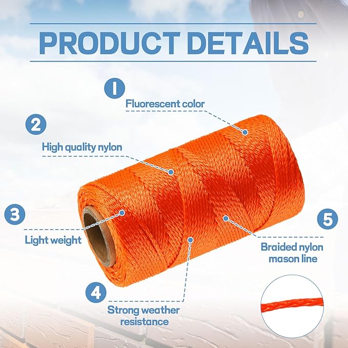Amylove 6 Roll Mason String Line #18, 250 ft Nylon Braided Construction String Line, Heavy Duty Outdoor Twine Rope for Gardening or Masonry Tools Construction DIY Project, Fluorescent Orange