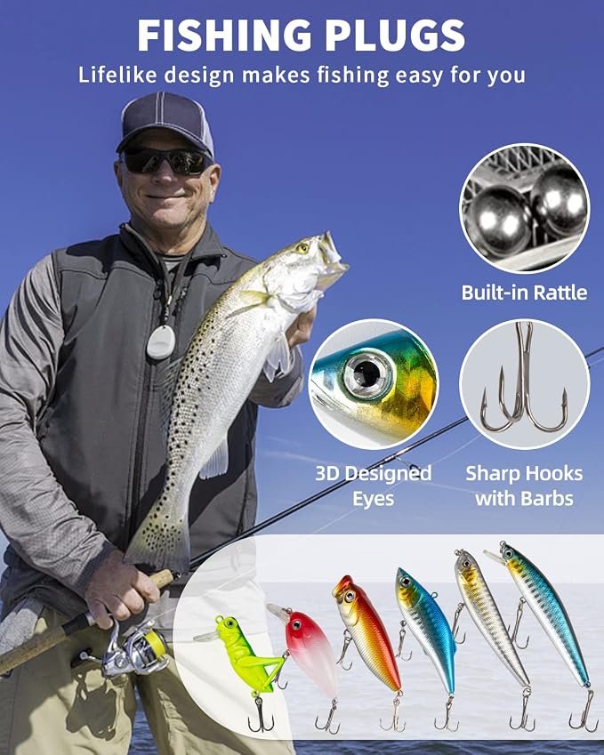 GOANDO Fishing Lures Kit for Freshwater Bait Tackle Kit for Bass Trout Salmon Fishing Accessories Tackle Box Including Spoon Lures Soft Plastic Worms Fishing Gifts