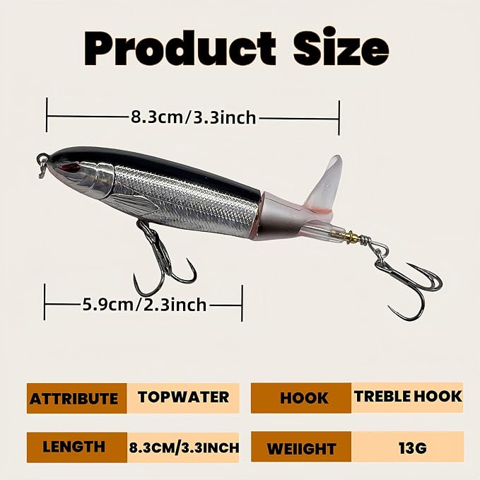 Bestac Topwater Fishing Lures Set Popper Lures for Bass Catfish Pike Perch Bass Lures with Floating Rotating Tail Artificial Hard Bait Multiple Colors