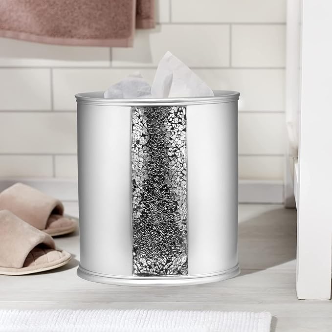 Zahari Home 2pc Sinatra Silver Modern Bath Accessories Set Waste Basket & Tissue Box Modern Classic Contemporary Decorative Beautiful Designs Bathroom Decor Set for Home Mosaic Glass
