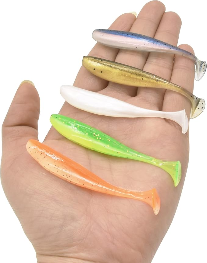 100PCS Bait Fishing Soft Plastic Lures, Soft Paddle Tail Lures for Freshwater and Saltwater Bass Lures with Box White red Green Gray Loach 2g,7cm