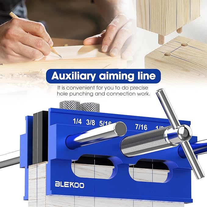 BLEKOO Upgraded 6.7 inch Self Centering Doweling Jig Kit, Drill Jig For Straight Holes Biscuit Joiner Set With 6 Drill Guide Bushings, Adjustable Width Drilling Guide Power Tool Accessory Jigs (Blue)