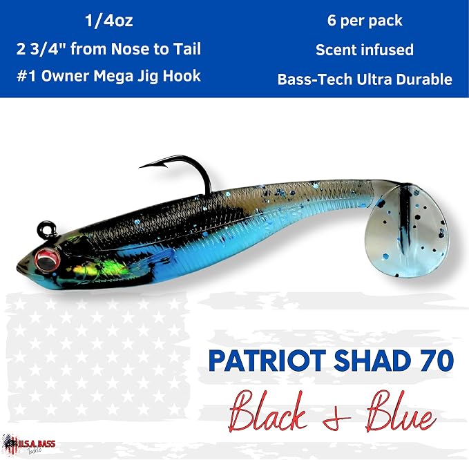 USA Bass Tackle Patriot Shad - Scent Infused Paddle Tail Swimbaits Pre Rigged Fishing Lures Premium Bait Strong Owner Hook, Fishing Gear for Bass Freshwater Predator Fish