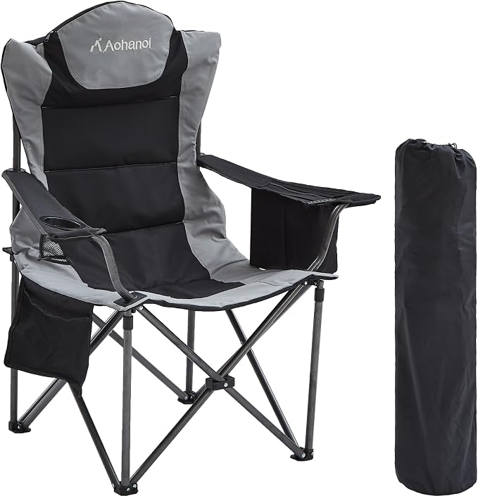 Aohanoi Camping Chairs for Heavy People,Folding Lawn Chairs for Outside Heavy Duty,Outdoor Oversized Chairs for Adult with Cup Holder and Large Cooler Bag,Beach Camp Chairs Supports up to 500lbs
