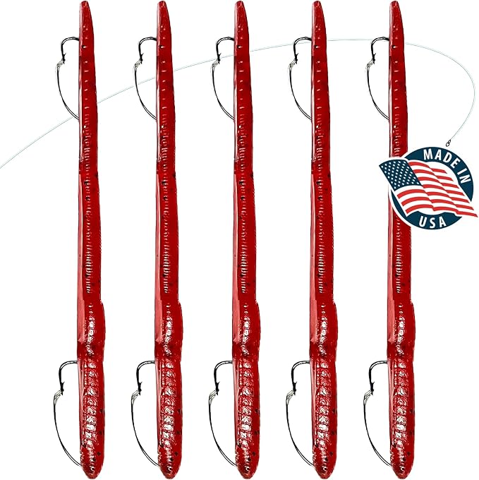 DeLong Lures 6" KILR Worm – Made in USA Weedless Pre-Rigged Soft Plastic Swimbaits, Extra Durable Bass Fishing Lures for Pike and More, 5-Pack Variety