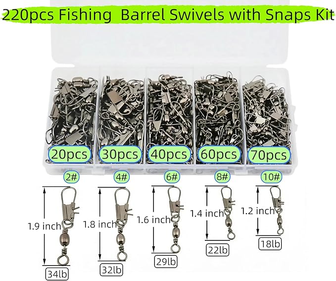 Fishing Barrel Swivels with Snap Set: 220pcs Large Small Snap Swivels Assortment for Saltwater Freshwater Connector Fishing Tackle - Size #2#4#6#8#10