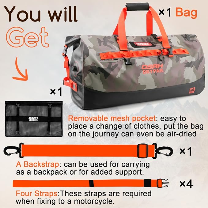 OSAH DRYPAK Waterproof Duffel Bag 25L/40L/60L – Heavy-Duty Motorcycle Tail Bag, Roll-Top Dry Bag for Travel, Camping, Boating, Kayaking, Outdoor Adventure