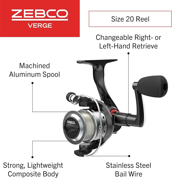 Zebco Verge Spinning Fishing Reel, Right or Left-Hand Retrieve, Pre-Spooled with Zebco Fishing Line, All-Metal Gears, TRU Balance Rotor, Black