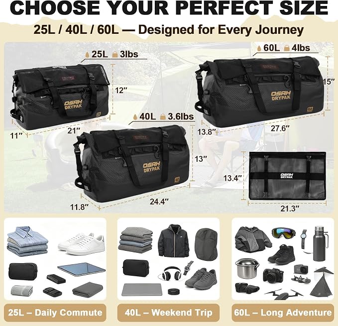 OSAH DRYPAK Waterproof Duffel Bag 25L/40L/60L – Heavy-Duty Motorcycle Tail Bag, Roll-Top Dry Bag for Travel, Camping, Boating, Kayaking, Outdoor Adventure
