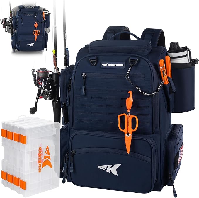 KastKing Bait Boss Fishing Tackle Backpack with Rod Holders-4 Tackle Boxes-Rain Cover,Storage for Fishing Gear