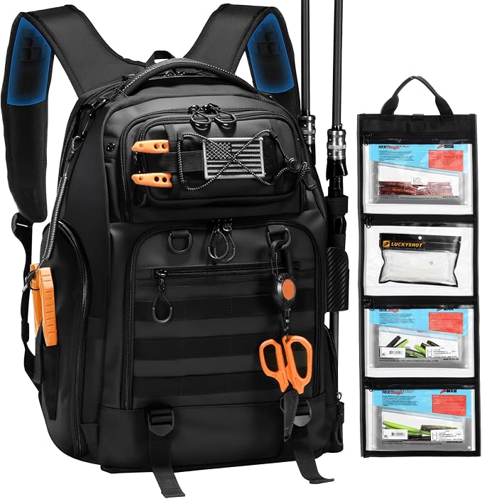 50L Fishing Tackle Backpack with Removable Lure Wraps,2 Rod Holders Storage Fishing Gear and Equipment