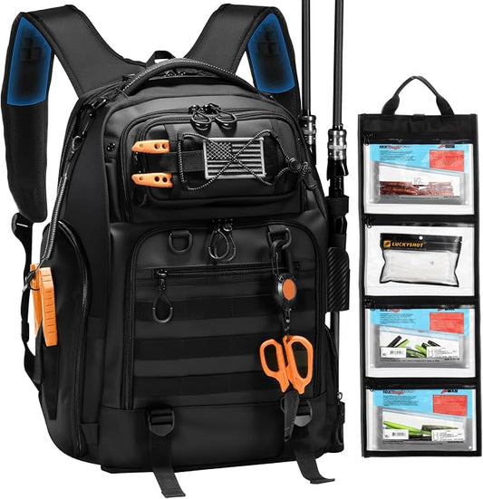 50L Fishing Tackle Backpack with Removable Lure Wraps,2 Rod Holders Storage Fishing Gear and Equipment