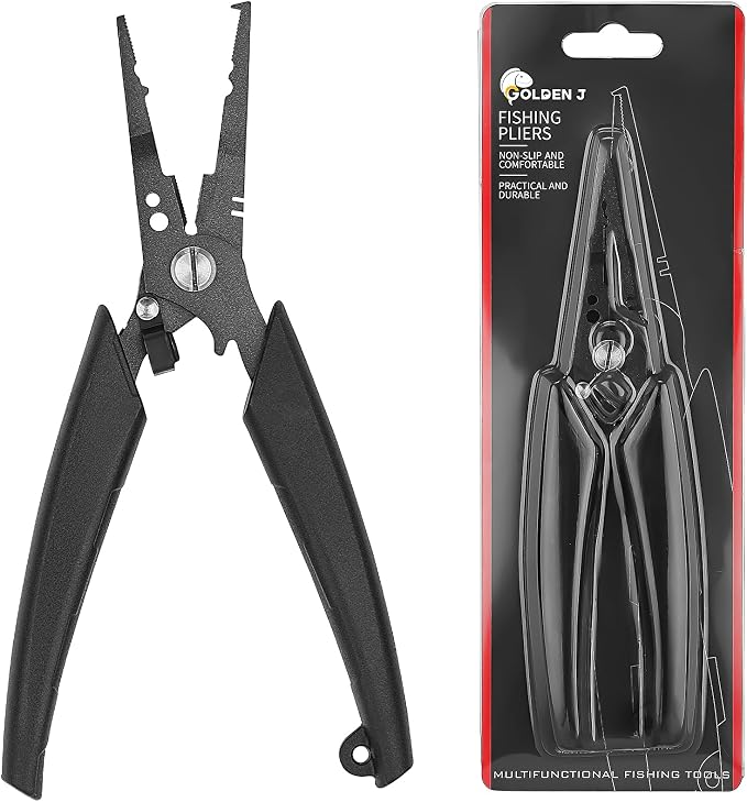 Golden J Teflon Fishing Pliers, Multi-Function Hook Remover-Split Ring Pliers, PE/Braided Line Cutter, Saltwater Resistant Fishing Gear, For Deep-Sea, Ice & Surf Fishing - Ideal for Anglers