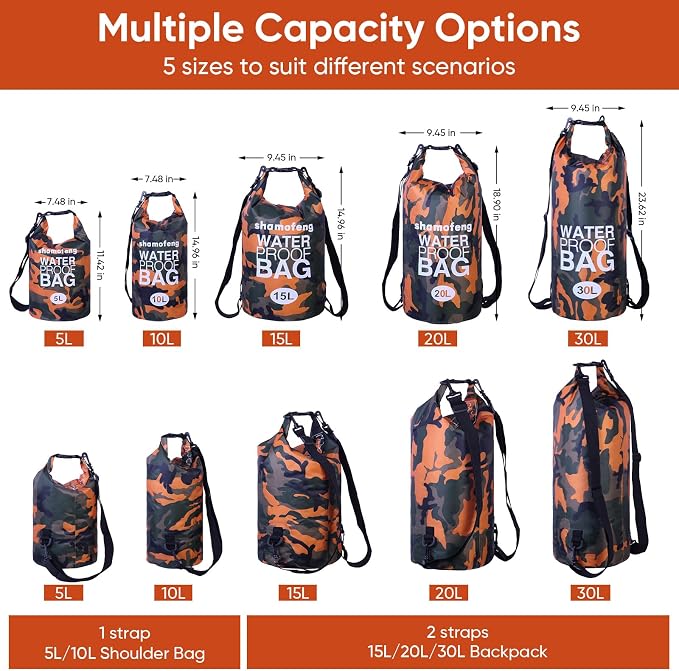 Waterproof Dry Bag 5L/10L/15L/20L/30L Roll Top Dry Storage Backpack with Phone Case, Collapsible Water Bottle, Sunglasses, Ear Band for Kayaking Boating Swimming Fishing Camping, Orange 20L