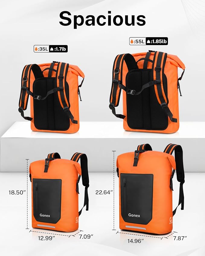 Gonex Ultralight Waterproof TPU Backpack, 55L Roll Top Dry Bag with Comfortable Padded Back Panel for Kayaking Boating Camping Fishing Travel,Orange