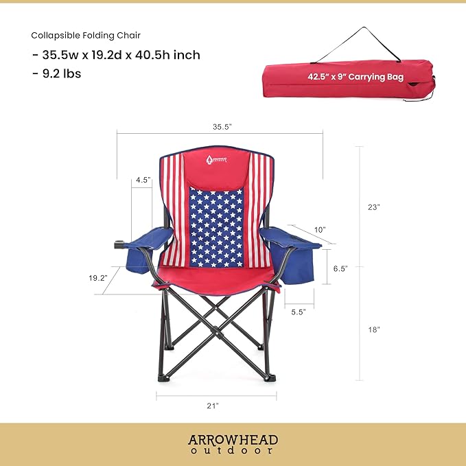 ARROWHEAD OUTDOOR 2-Pack Portable Deluxe Folding Camp Quad Chair w/Headrest, Glass & Cup Holders, Armest 6-can Cooler, Heavy Duty Carry Bag, 550 lbs Weight Capacity