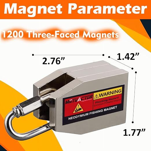 MUTUACTOR Three Sides Fishing Magnet Kit Strong Powerful Combined 1200lb, Super Strong Neodymium Magnet for Fishing Salvage Under Water with 66 Feet Rope and Gloves