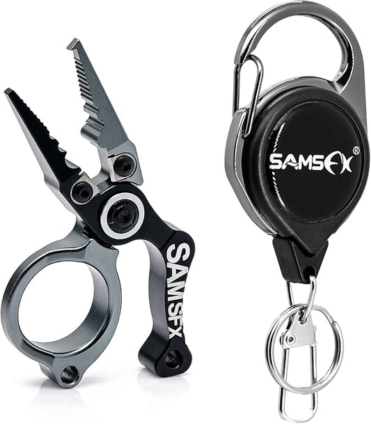 SAMSFX Mini Fishing Pliers with Fly Fishing Zinger Retractor, Fish Hook Remover Tool, Split Ring Pliers for Saltwater & Freshwater, Tungsten Carbide Cutters, Fishing Gear Gift for Anglers