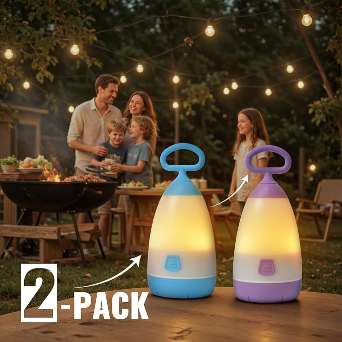 2-Pack Kids Camping Lantern & Night Light, Battery Operated, 360° Eye-Safe Light, IPX4 Waterproof RGB Portable, Sibling Gifts (Purple & Blue, 6× AAA Included)