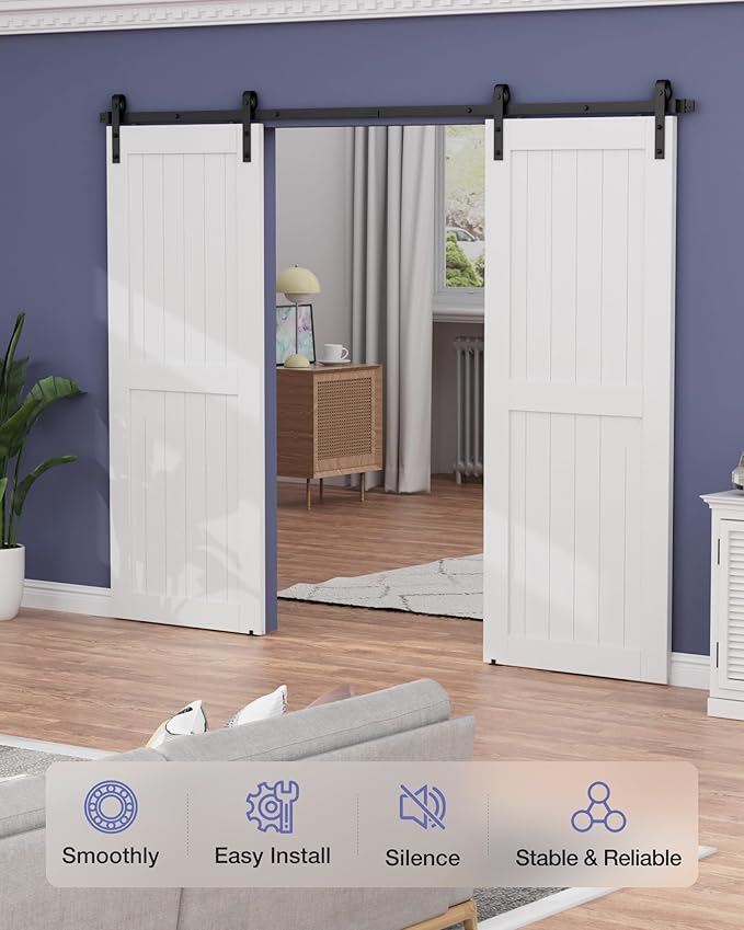 ZEKOO 12 FT Barn Door Hardware Kit for Cabinet Closet, Sliding Door Hardware for Double Barn Door, Heavy Duty Black Barn Door Track with Steel Hanger, Slide Smoothly Quietly, Easy Install