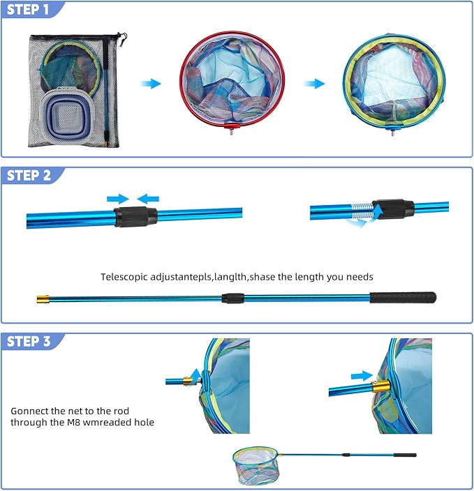 2PCS Telescoping Kids Fishing Net with Handle and Collapsible Bucket Kits-with Lightweight Aluminum Pole,Suitable for Catching and Releasing Fish,Minnow,Crabs,Butterfly,Frogs or Small Animals Outdoor