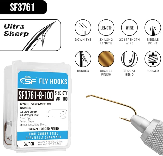 SF Fly Tying Hooks Ultra Sharp High Carbon Steel for Nymphs Wet Traditional Dry Streamers Eggs Jig Poppers Emergers Terrestrial Flies with Mini Box 100Pcs