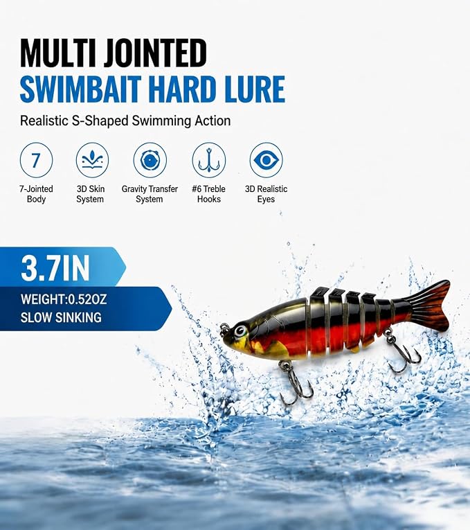Multi Jointed Swimbait Hard Lure, 3.7in Slow Sinking Fishing Lures with Realistic S-Shaped Swimming Action, Built-in Gravity Transfer System & #6 Treble Hooks for Bass, Trout, Pike, Topwater Lure