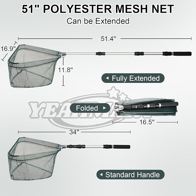 Yeahmart Fishing Landing Net with Telescopic Aluminum Handle Pole, Collapsible Nylon Mesh Minnow Fish Net for Saltwater & Freshwater, Portable Fishing Gear for Kids, Men, Women, Extends 21-75 Inches