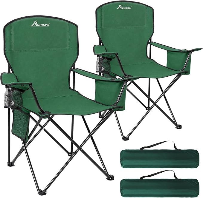 Camping Chairs for Adults 400LBS Capacity, 2 Pack Heavy Duty Folding Chair with 4-Can Cooler Bag, Portable Outdoor Chair with Cup Holder, Collapsible for Tailgating, Beach, Fishing, Green