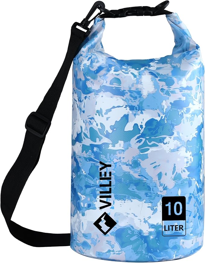VILLEY Dry Bag Waterproof 10L Roll Top Storage Backpack, Keeps Gear Dry Lightweight Backpack for Kayaking Boating Camping Swimming and Beach Accessories Blue Camo