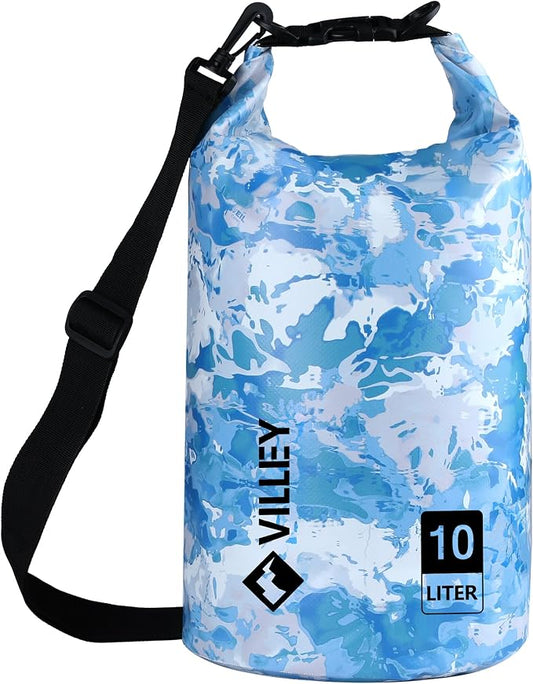 VILLEY Dry Bag Waterproof 10L Roll Top Storage Backpack, Keeps Gear Dry Lightweight Backpack for Kayaking Boating Camping Swimming and Beach Accessories Blue Camo