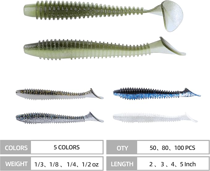 Paddle Tail Swimbaits 100/80/50PCS, 5/4/3/2 inch Soft Fishing Lures Bulk Pack – Durable Lifelike Action Lures for Bass, Trout, Crappie – Freshwater & Saltwater Fishing Gifts