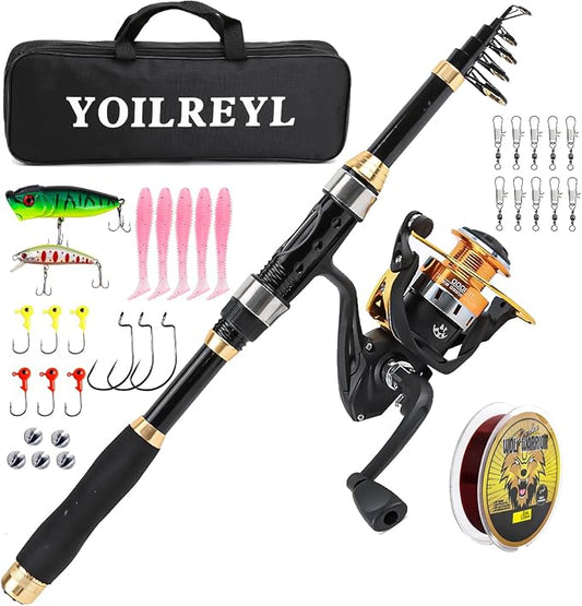 Yoilrey Fishing Rod and Reel Combo – 5.9ft Telescopic Fishing Pole Starter Kit with Spinning Reel, Fishing Line, Lure Box & Tackle Bag for Travel