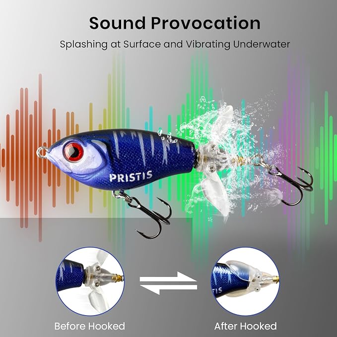 Pristis 3 pcs Topwater Fishing Plopper Lures, Floating Popper Bait Set with Chemically Sharpened Hooks for Saltwater Freshwater, Top Water Plopping Swimbait Teaser for Bass Tuna Perch Pike Crappie