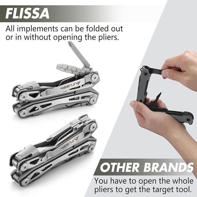 FLISSA 16-in-1 Stainless Steel Multi Tool, Gifts for Men Dad, EDC Multitool with Pocket Knife, Pliers, Belt Clip and Oxford Sheath, Self-locking Utility Multi-Tool for Camping Survival Outdoor