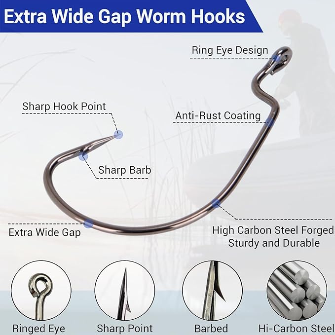 120Pcs Bass Hooks Set, Strong Offset Bass Fishing Hooks Freshwater Barbed Sharp Worm Hooks for Texas Rigging Fishing Extra Wide Gap 6 Sizes Assorted #1 1/0 2/0 3/0 4/0 5/0