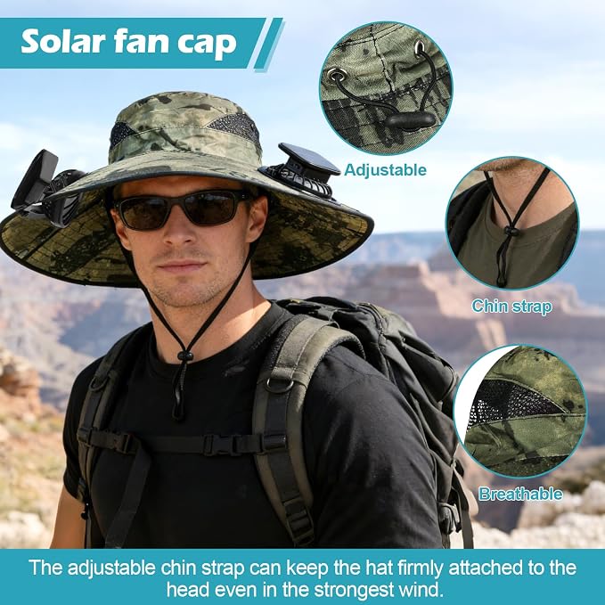 Wide Brim Sun Hat with 2 Solar Fans, UPF 50+, USB Charging for Fishing, Hiking, Beach | Solar Power Hat