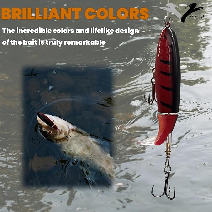 Bestac Topwater Fishing Lures Set Popper Lures for Bass Catfish Pike Perch Bass Lures with Floating Rotating Tail Artificial Hard Bait Multiple Colors